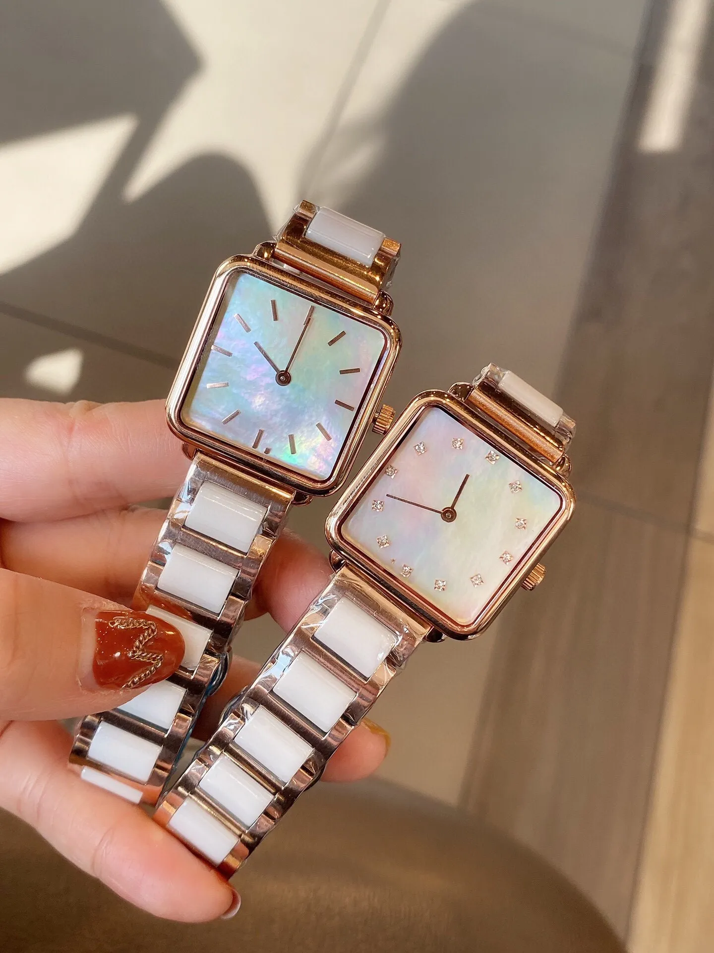 Kobiety Geometryczne Zegarki Kwadratowe Zegarek Ze Stali Nierdzewnej Ceramiczne Wrist Watch Ladies Matka Pearl Clock Rhinestone Bransoletka 34mm