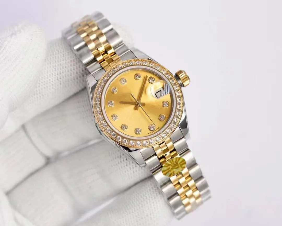 Högkvalitativ 26mm Fashion Gold Ladies Dress Watch Diamond Sapphire Mechanical Automatic Women's Watches rostfritt stål Strap236n