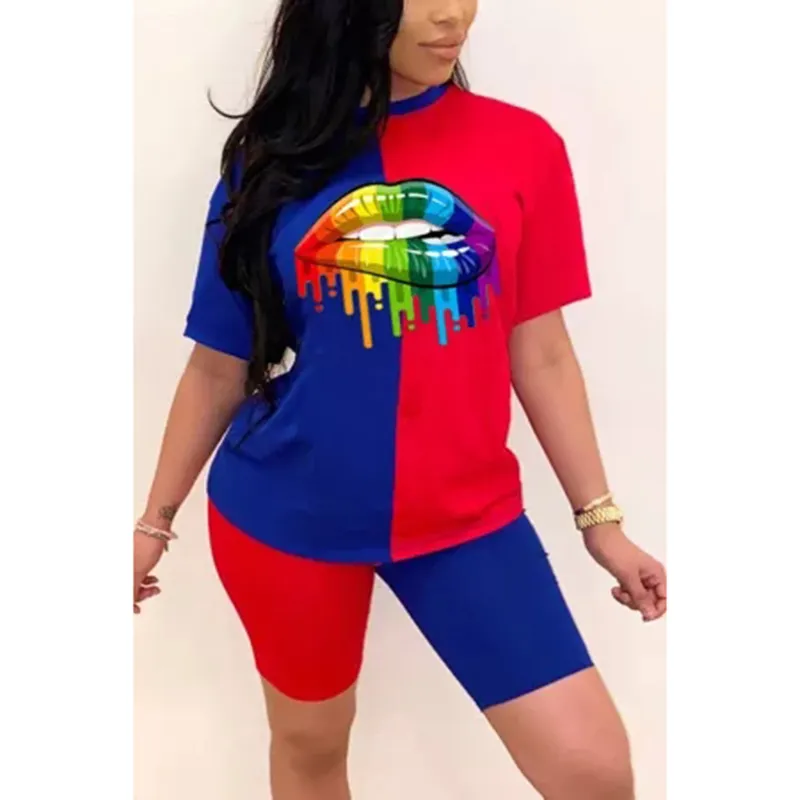 Nouveau été femmes mode arc-en-ciel imprimé vêtements de sport hauts et shorts ensemble dames décontracté o-cou pull à manches courtes t-shirt x0428