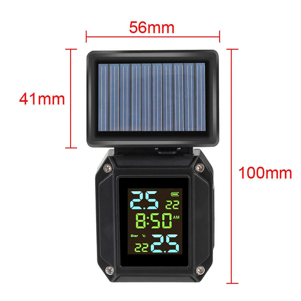 LCD-Display Reifendrucküberwachungssystem 2 externe Sensoren Motorrad TPMS Reifentemperaturalarm Solor USB-Aufladung