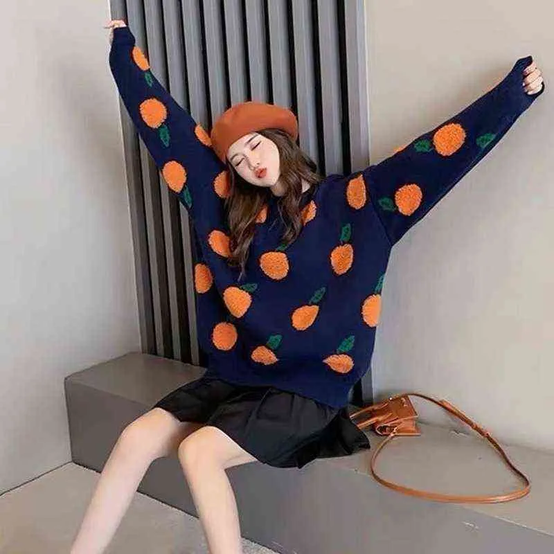 Pullovers Women Baggy O-Neck Broderi Tryck Design All-Match Stickad Varm Mjuk Sweater Streetwear Ulzzang Femme Fashion Top Y1110