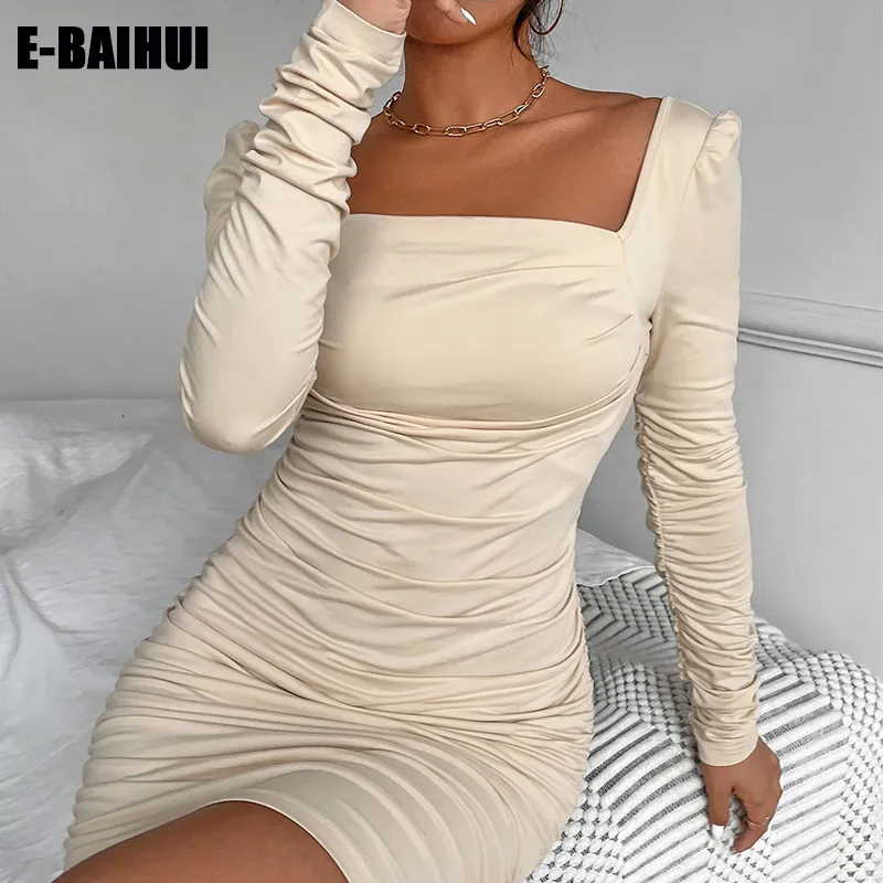 E-BAIHUI White Square Collar Long Sleeve Bodycorn Sexy Dress Female Solid Wrapped Chest Hollow Sexy Slim Bag Hip Miini Dresses Club Vestidos