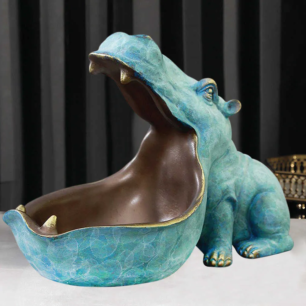 Resin Hippo Statua Hipopotamus Rzeźba Figurka Key Candy Pojemnik Sundries Przechowywanie Uchwyt Stół Stół Artware Decor Decor 210811
