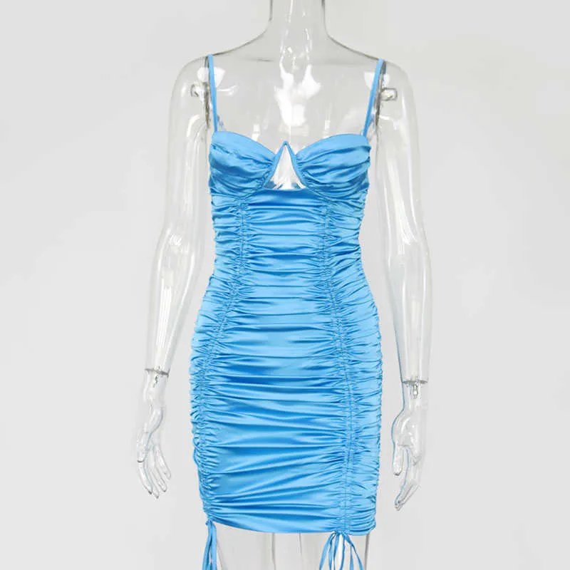 Colysmo Satin Dressセクシーな巾着スパゲッティストラップバックレスRuchedは女性パーティーシックなvestidosのためのボディコンドレス210527
