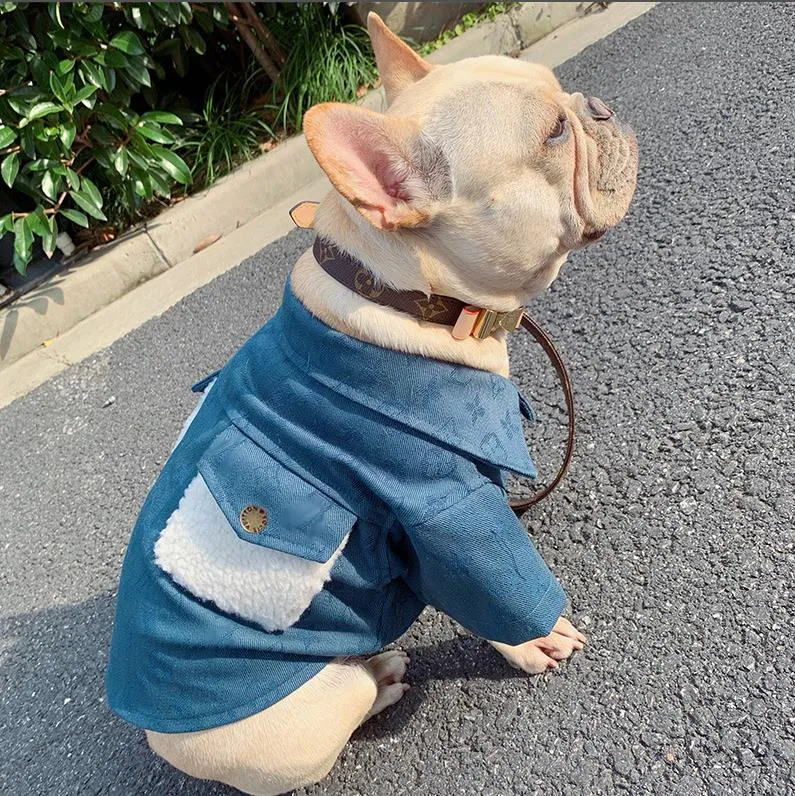 Hundebekleidung, modisches Designer-Hundehemd in Blau mit Taschen, Logo-Druck, Haustierkleidung