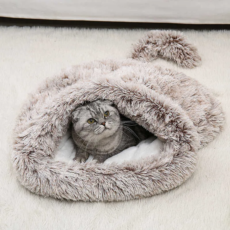 Zimowe długie pluszowe legowiska dla kotów okrągła poduszka dom 2 w 1 samoocieplający worek przytulny śpiwór kosz dla małych psów 211006