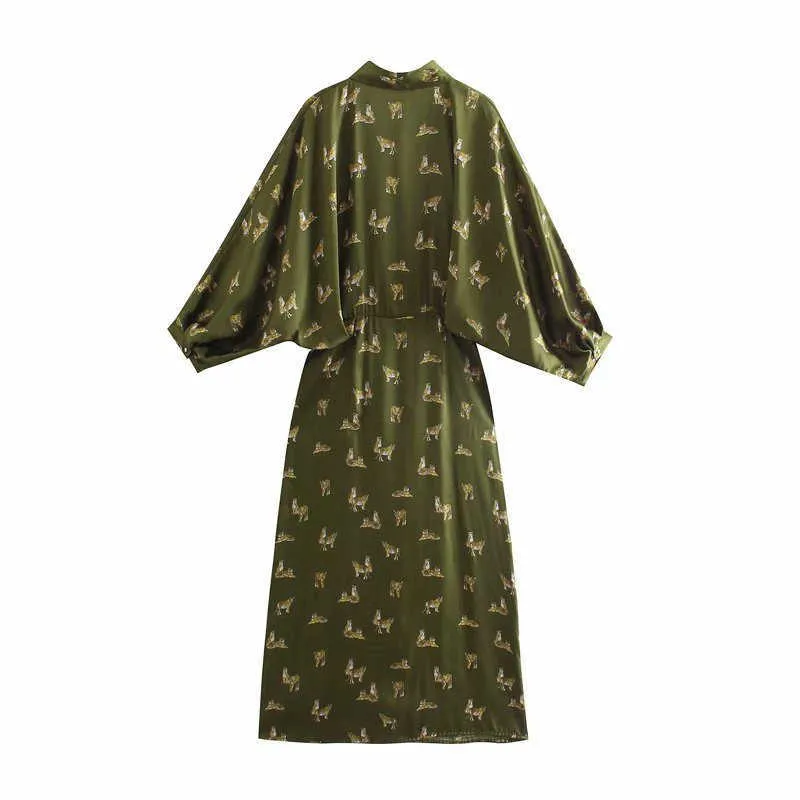 ZA Animal Print Shirt Dress Women Long Sleeve Pleated Vintage Midi Party Dresses Female Chic Front Button Green Vestido 210602