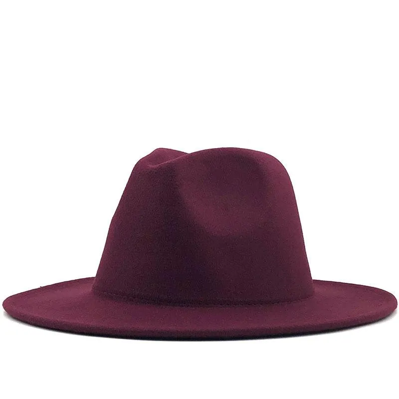 Cappelli a tesa larga Vino goccia esterno rosso interno cammello feltro di lana jazz Fedora con fibbia cintura sottile uomo donna Panama Trilby Cap 56-60CM241q