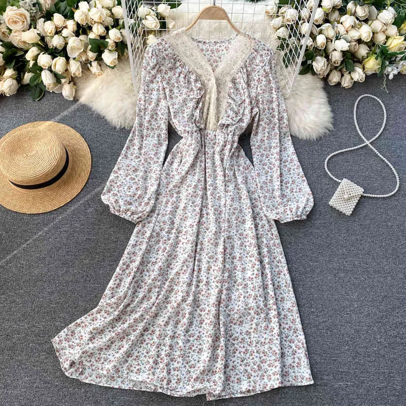 SINGREINY Women Spring Floral Dress French Sweet Lace V Neck Puff Sleeve Aline Dress Bohemian Print Vacation Midi Long Dresses 210419