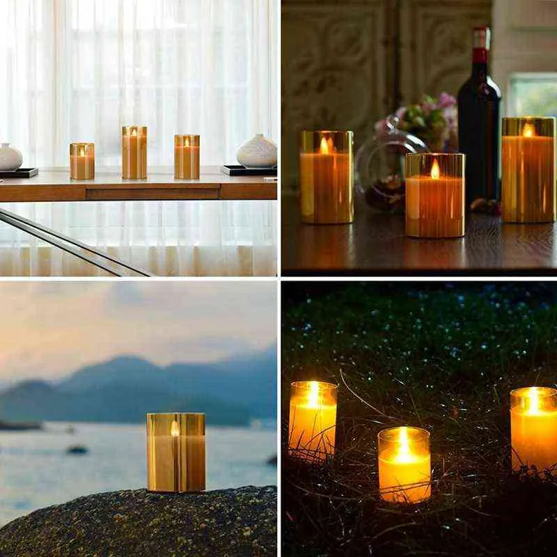 Amber Glass LED Flameless Candles Flickering with Remote,Battery Operated,For Wedding,Festival Decorations,Gift,3 Pack H1222