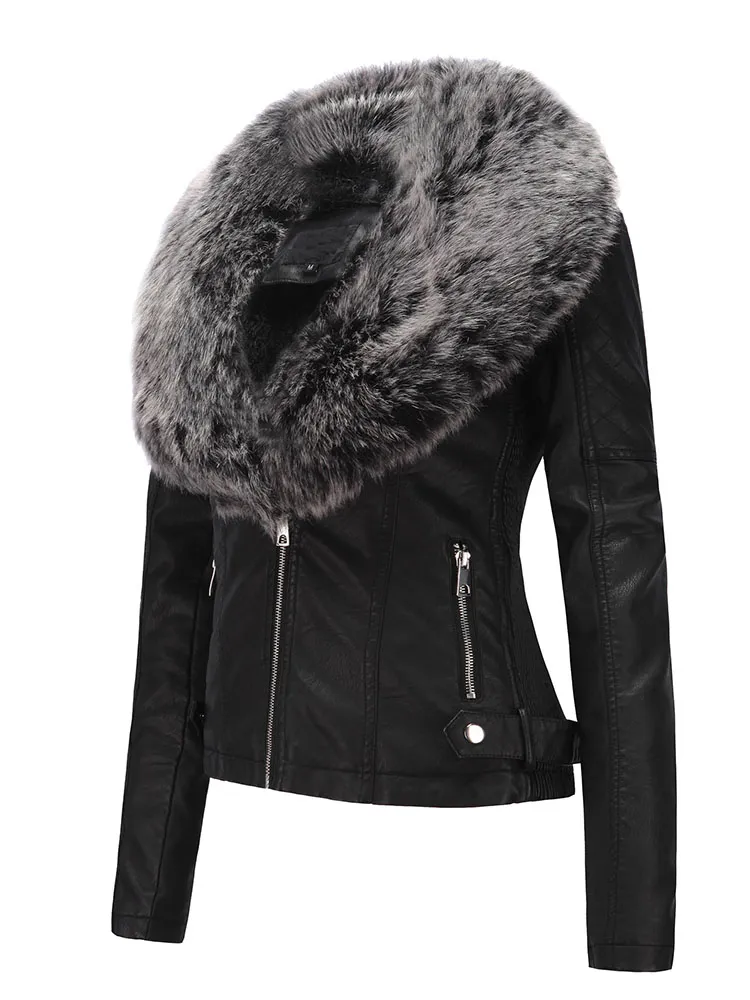 Veste de moto en simili cuir pour femme avec col en fausse fourrure pour l'hiver