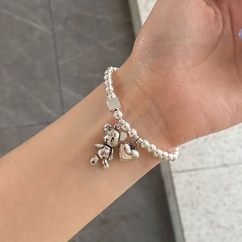 925 Sterling Silver Bracelets for Women String of Beads Accessories Trend Vintage Simple Cute Bear Pendant Party Jewelry sl5104279492