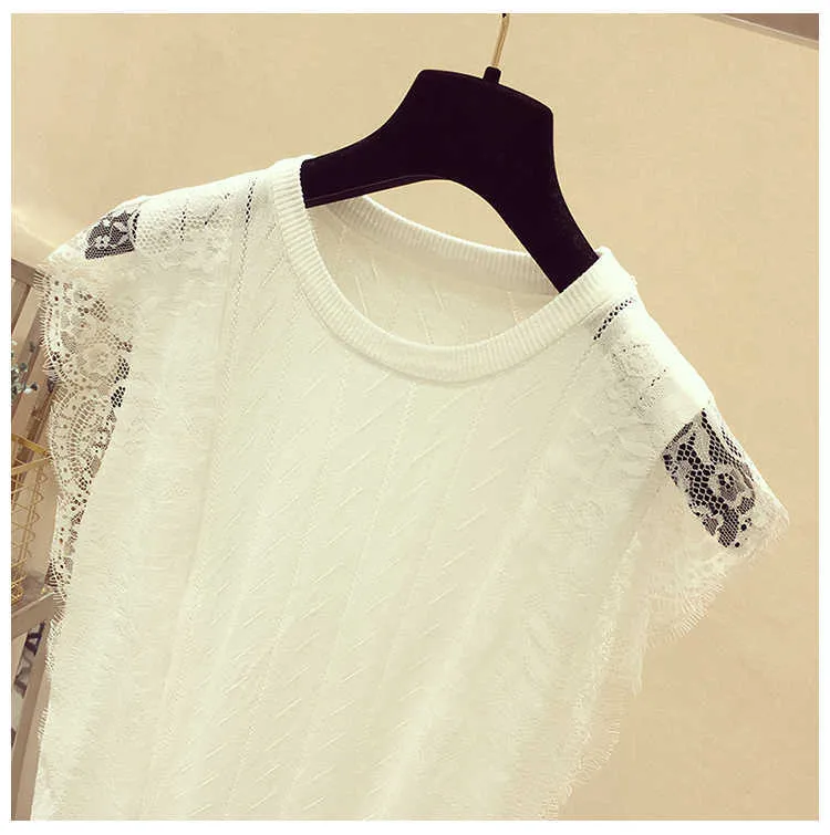 Korean Summer Women Mesh Shirt Sleeveless O-Neck Lace Knitted Patchwork Tops Chic Solid Hollow Out Clothes Fashion Blusas 210527