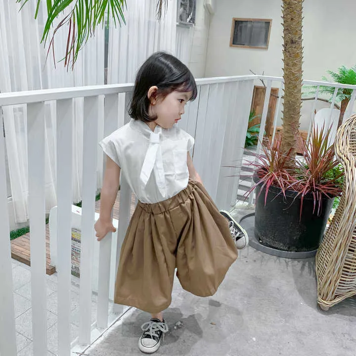 Summer Girls' Clothing Sets Japan & South Korea Art Shirt+Wide Leg Pants Cute Kids Clothes Suit Children 210625