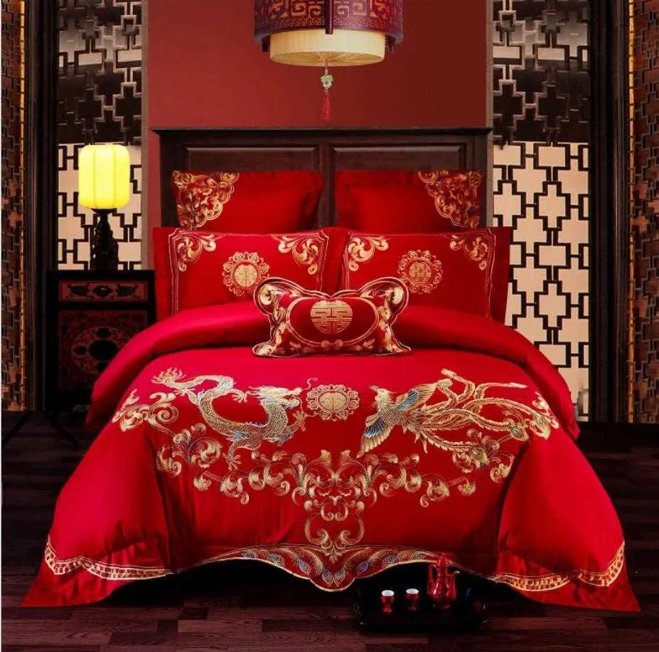 4 6st Luxury loong Phoenix broderi röd täcke täcke lakan bomull kinesisk stil bröllop säng täcker sängkläder set hem textil h228l
