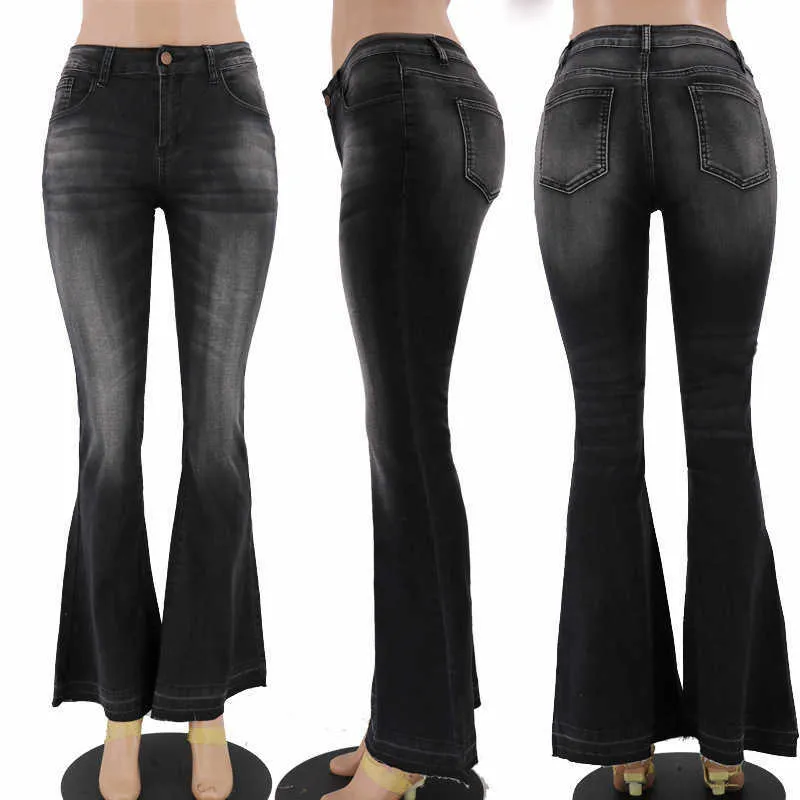 Plus Size Women Flare Jeans Spring Fashion Low Waist Skinny Bell Bottom Woman Vintage Wide Leg Denim Pants Streetwear 210720