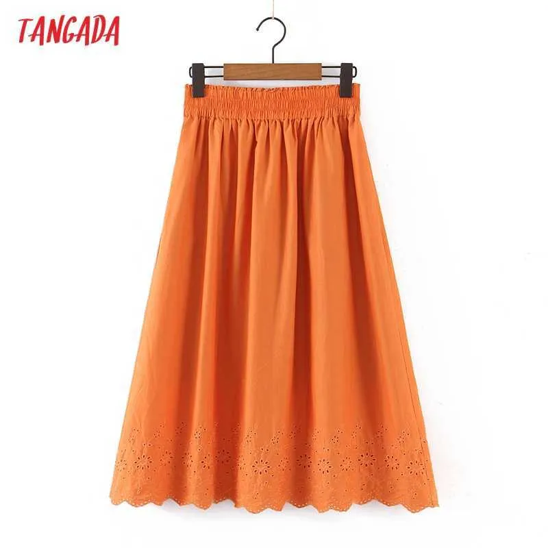 Tangada Frauen Orange Stickerei Midi Rock Faldas Mujer Vintage Strethy Taille Damen Chic Mid Calf Röcke 8H108 210609
