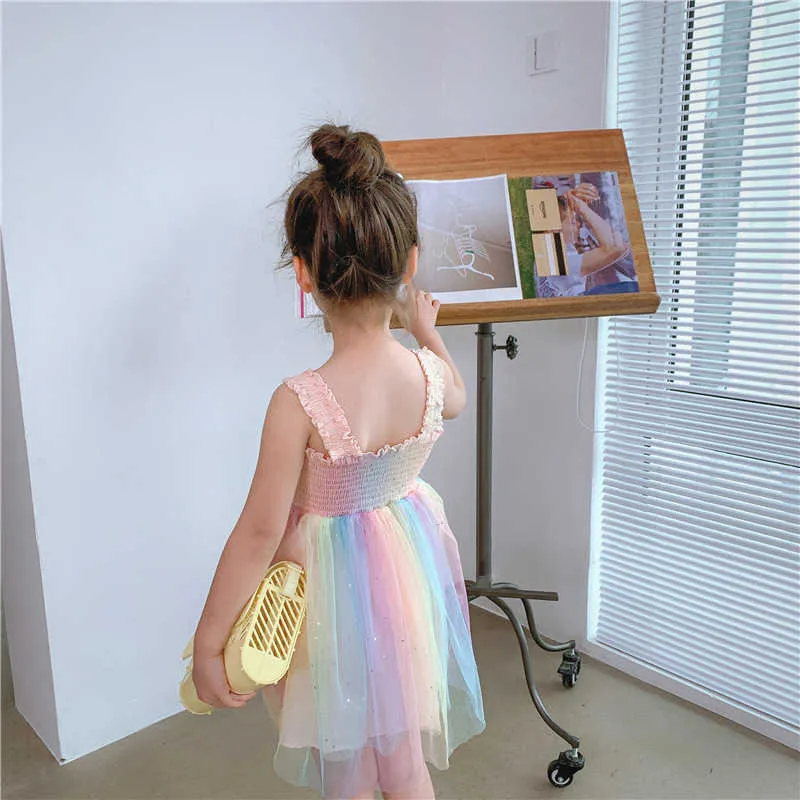 Девушки платье Радуга скомканная сетка подвеска принцесса летняя мода детская детская детская одежда 210625