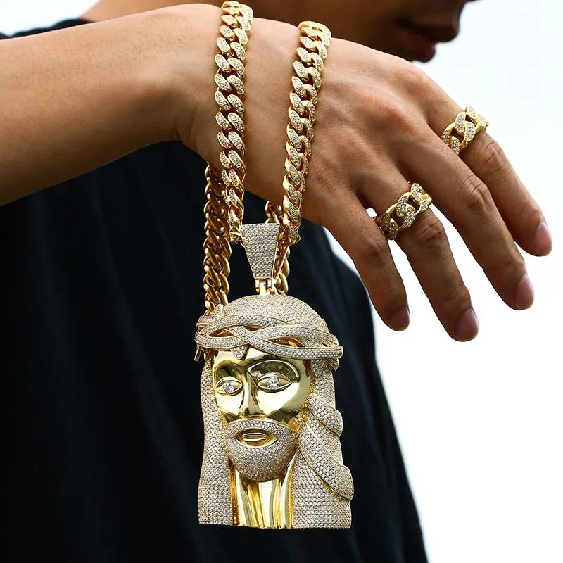 Golden Big Jesus Christ Testa di rame Colore Collana Ciondolo Cubic Zirconia Iced Out Christian Uomini Hip Hop Gioielli Regalo Catene229N