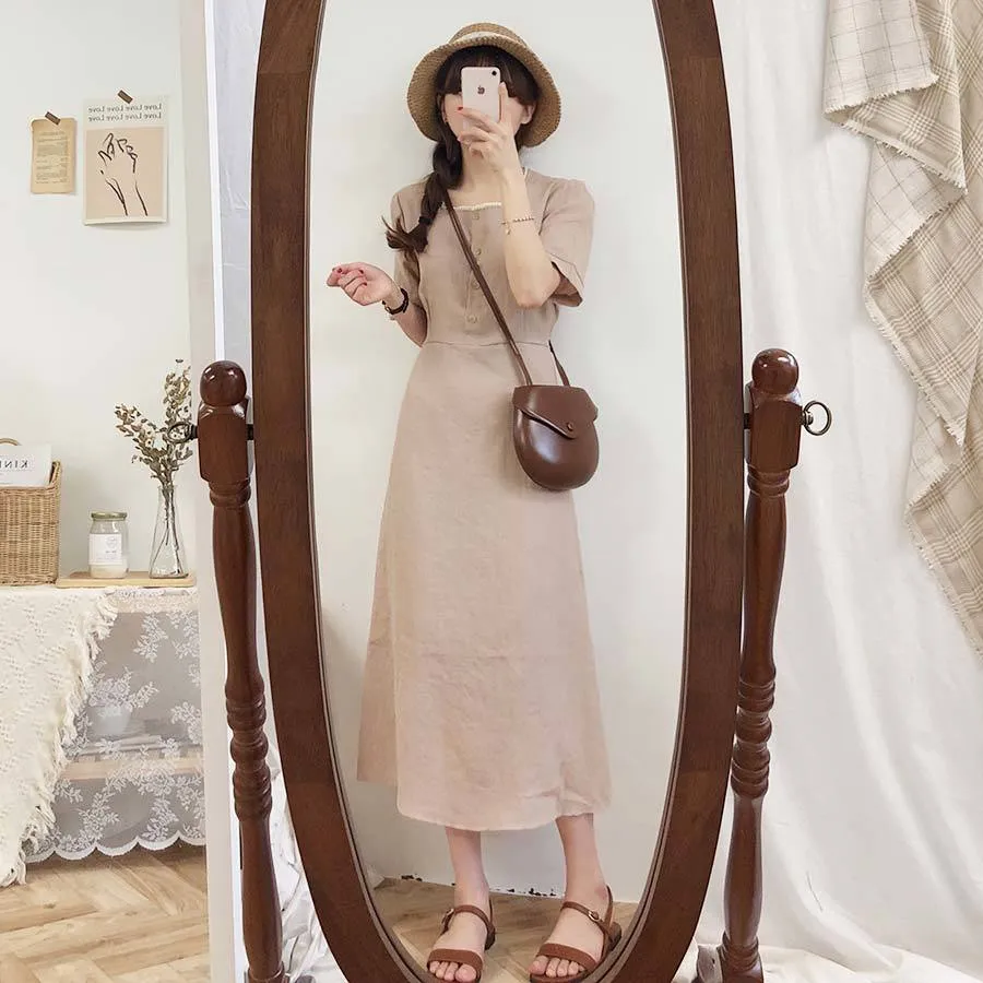 Plus size Summer Girls Boho Party Cotton Linen Female Vintage Dress Brown Short Sleeve Women Dresses Long Robe Vestido 210417