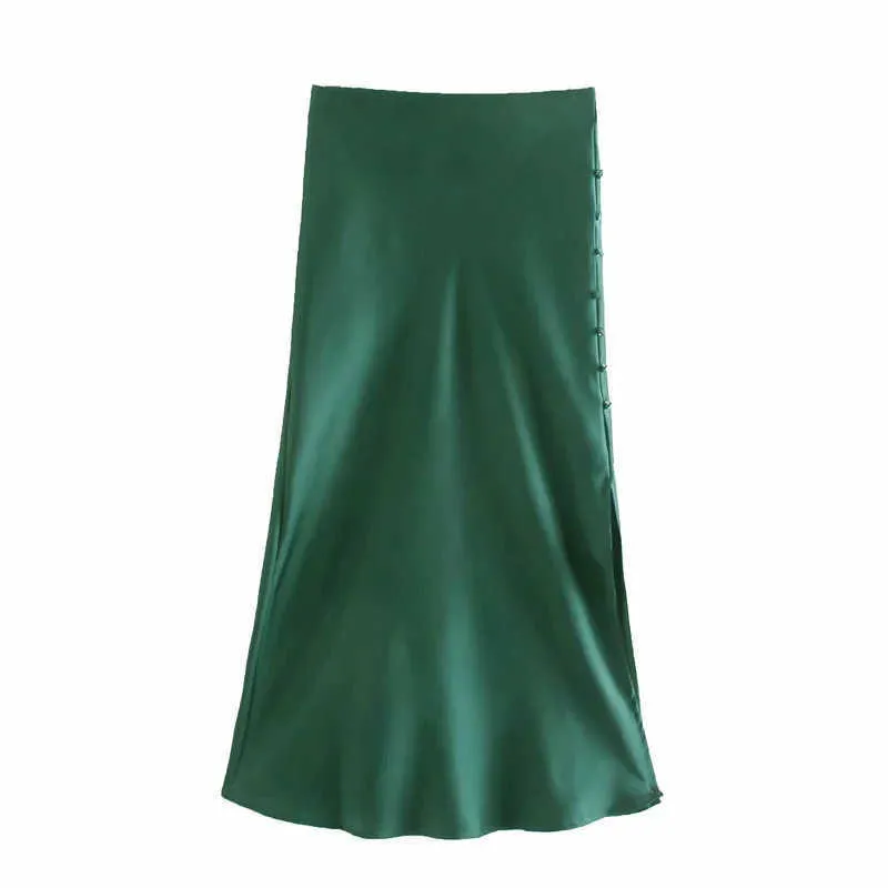 Aelegantmis Élégant Solide Satin Jupe Femmes Split Longues Jupes Pour Femmes Sexy Bouton Doux Mi-mollet Vert Femelle 210607