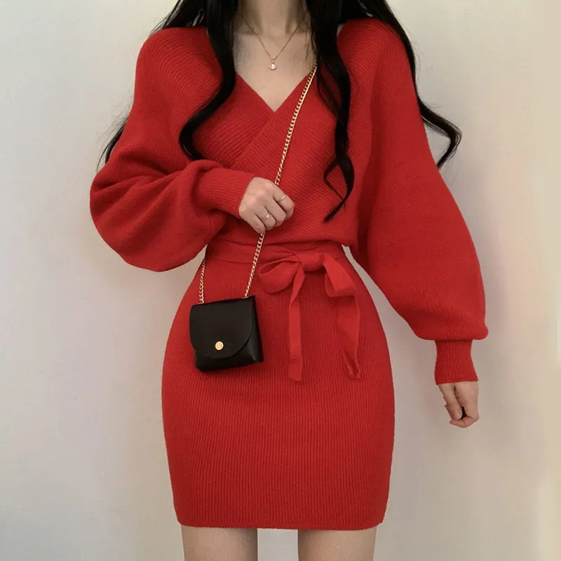Kimutomo Vintage gestrickte Kleider Frauen V-Ausschnitt Slim Taille Lace Up Laterne Hülse Minikleid Frühling Herbst Korea Chic 210521
