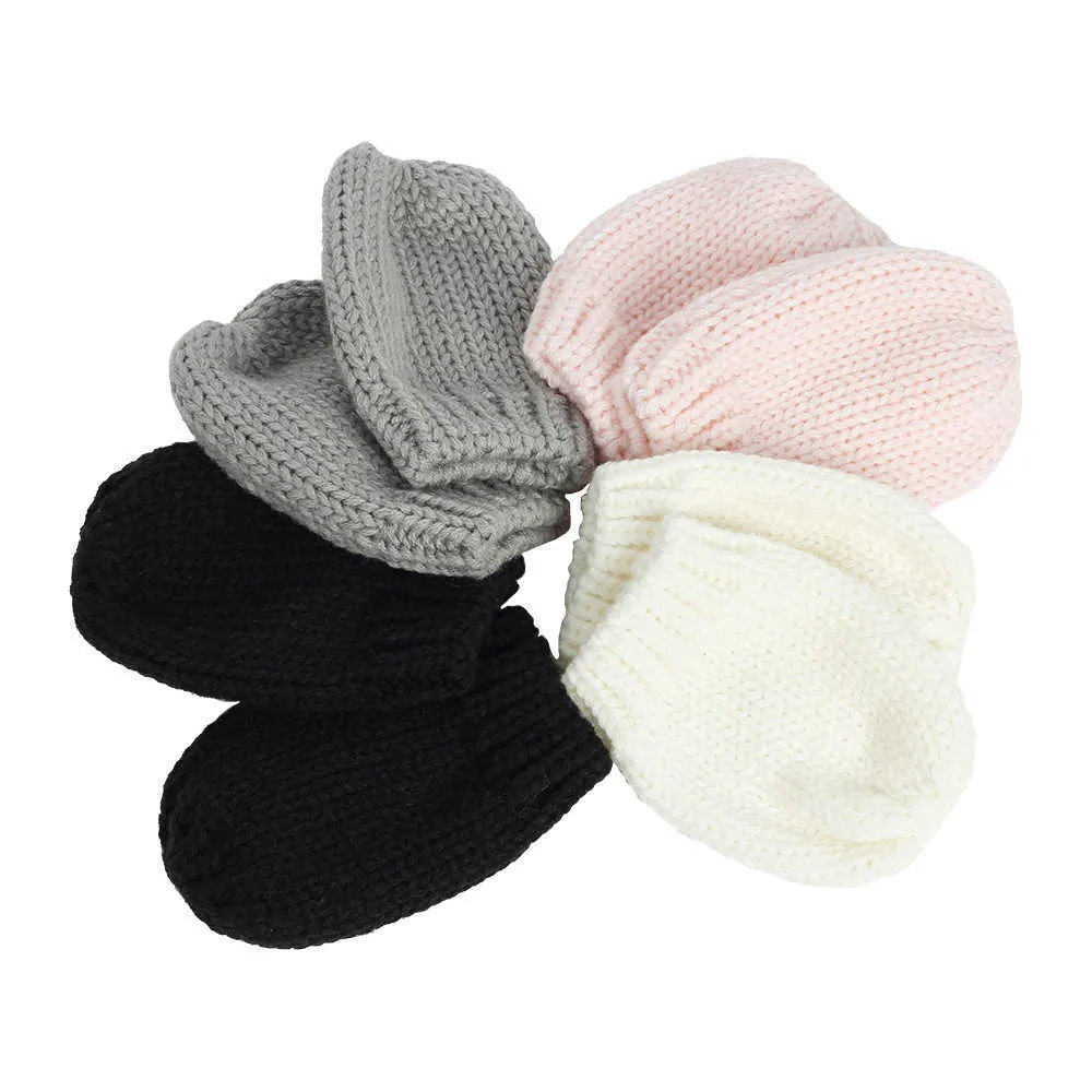 Cappello e guanti di lana lavorati a maglia calda e confortevole neonati Set di due pezzi Simpatico cartone animato Orecchie Berretto neonati Copricapo bambini Puntelli la fotografia