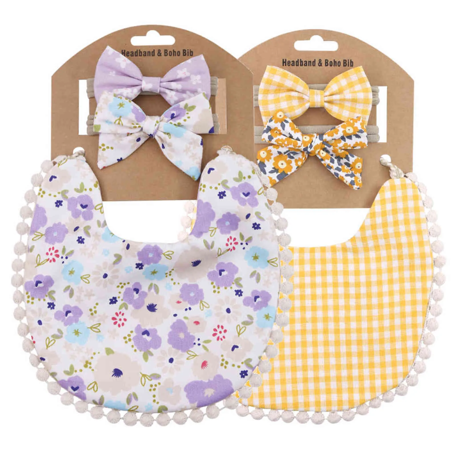 2 conjuntos / lote flor impressão bordado baby baby bibs headbands laço lenço bandana lado duplo toddler saliva toalha alimentando o pano 211117