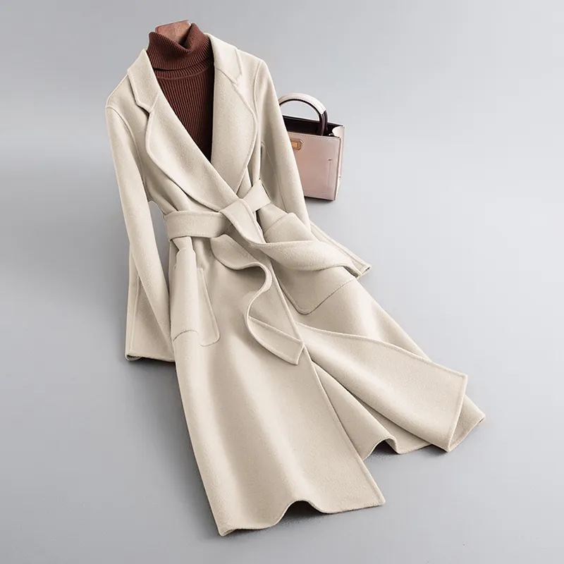 Casaco de caxemira dupla face clássico de inverno, casaco feminino de lã com cinto estilo S3652