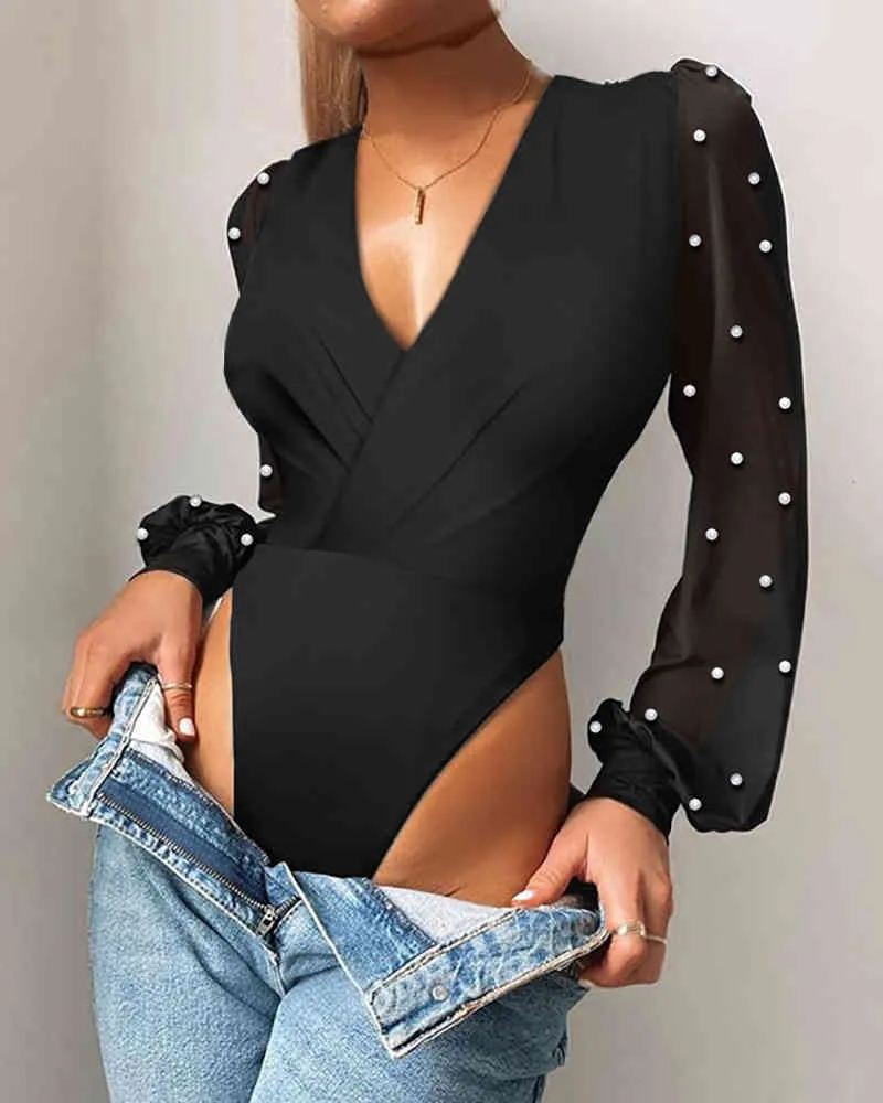 Frühling Winter Frauen Spitze Puff Sleeve Skinny Bodysuit Solide V-ausschnitt Schwarz Casual Body Top Patchwork Overall Femme Neue 210415