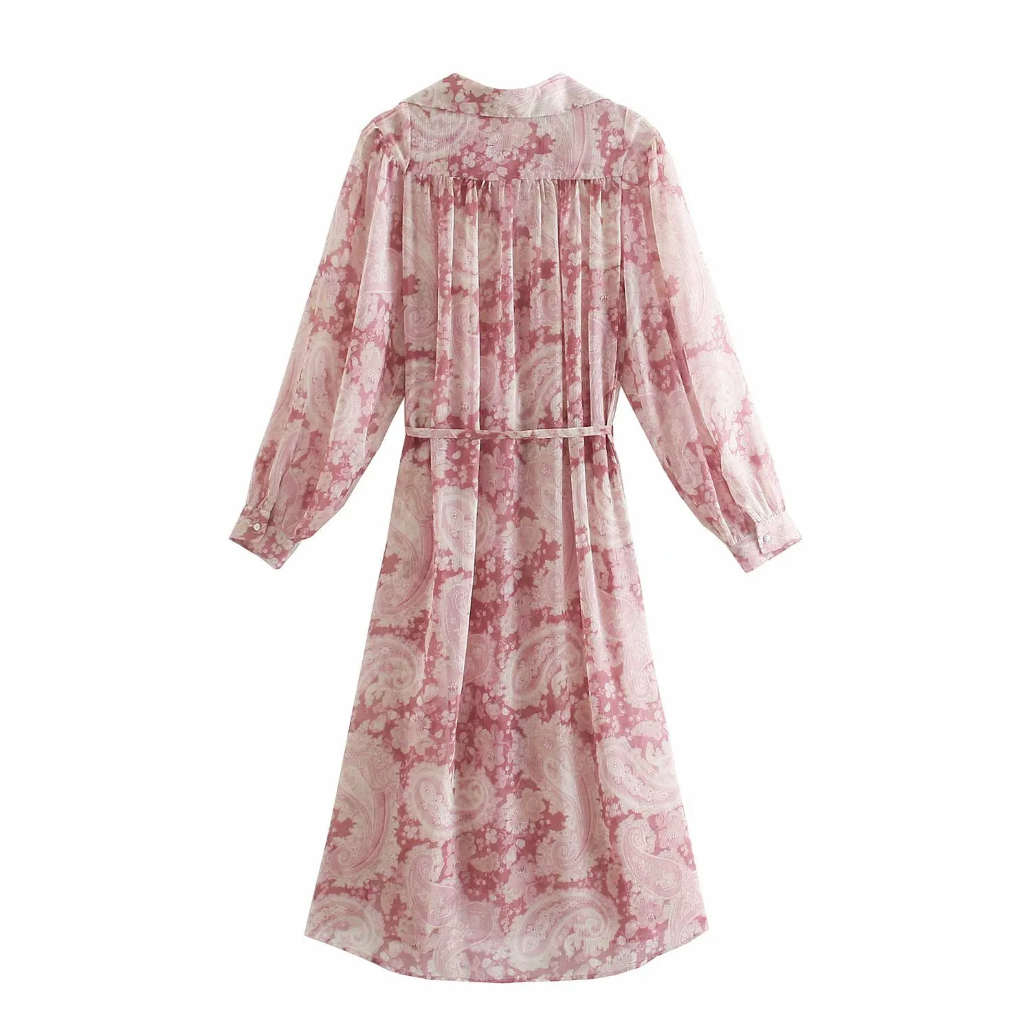ピンクのPaisleyプリントシャツのドレス女性夏の襟の女性長袖の袖口vestidosベルトボタン210430