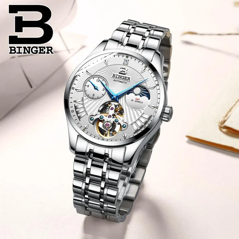 Schweiz BINGER Tourbillon Mechanische Uhr Automatische Männer Mond Phase Voller Stahl Band Saphir Leuchtende Wasserdichte Uhr Wristwa3083