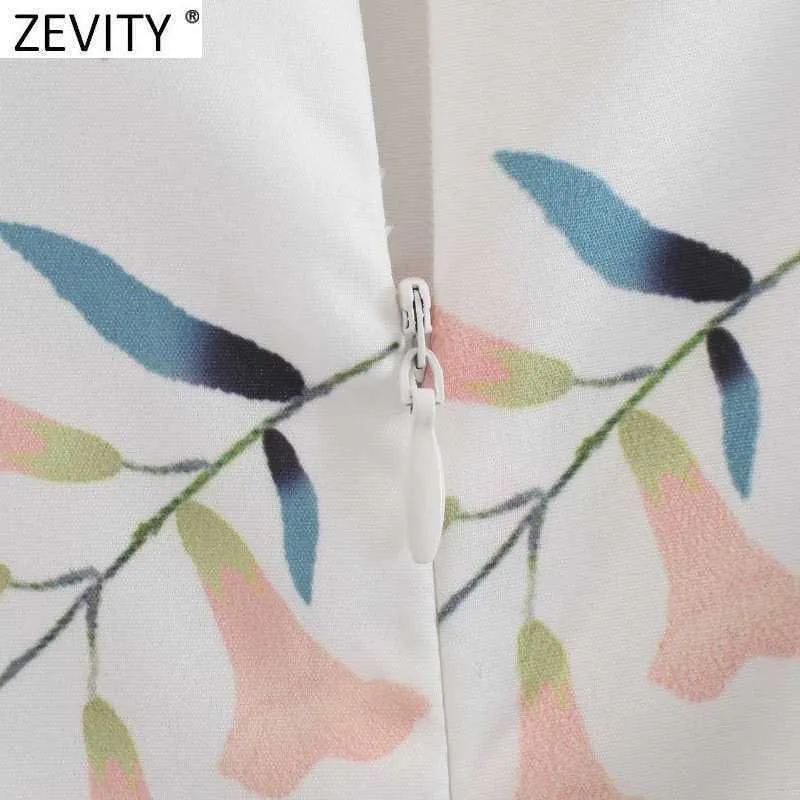 Zevity Women Sweet Floral Print Waist Pleats Hollow Out Casual Slim A Line Dress Female O Neck Back Zipper Chic Vestidos DS8303 210603