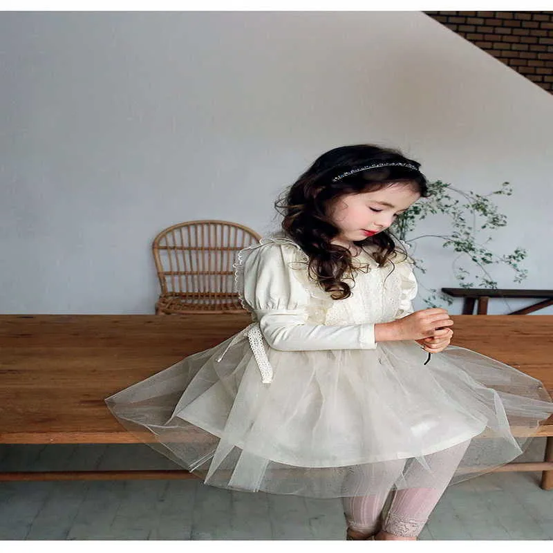 Корейский стиль весенние девочки платье фонарь рукава кружева принцесса платья детей милая одежда E694 210610