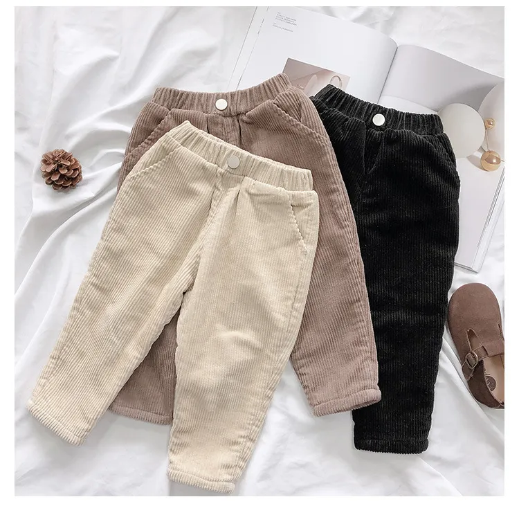 Inverno quente espesso corduroy calça casual meninos meninas 3 cores macio fleece forro calças 210508