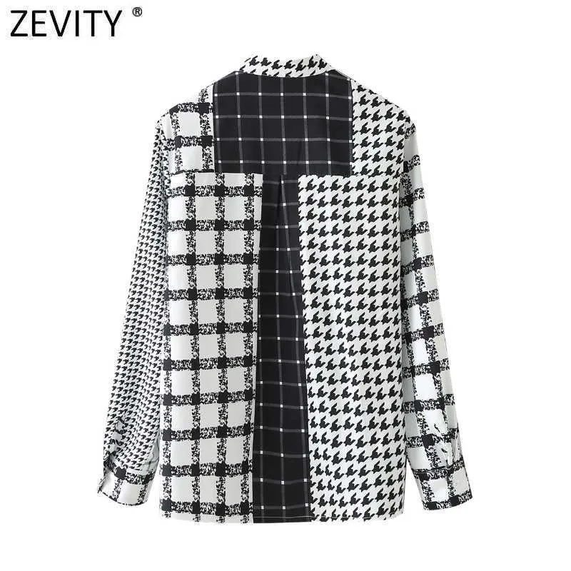 Zevenity Dames Vintage Houndstooth Plaid Patchwork Print Smock Blouse Office Lady Stand Collar Shirts ChiCh Blusas Tops LS7640 210603