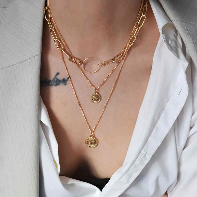 17KM Punk Multilayered Gold Chunky Chain Choker Necklace For Women Fashion Irregular Round Pendant Necklaces 2021 Trend Jewelry