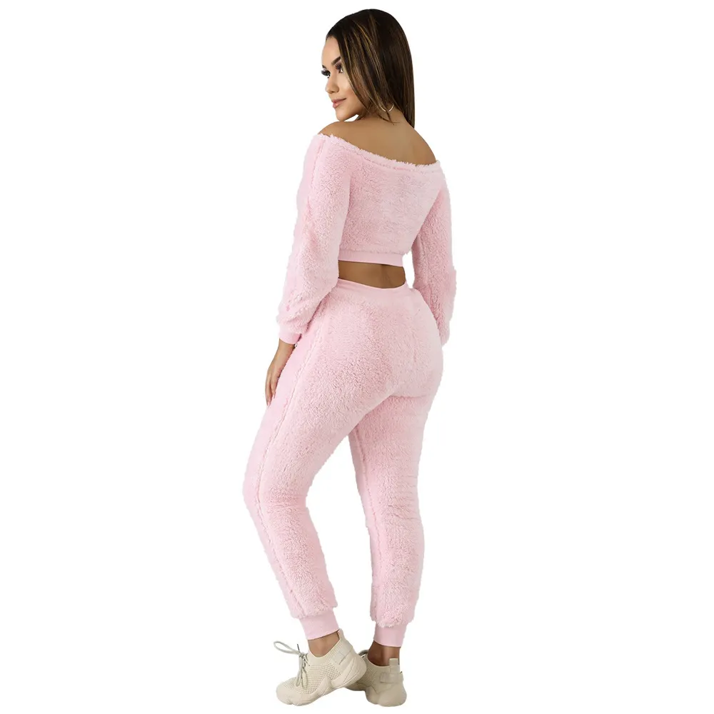 Moda Bady Pink Autunno Inverno Abbigliamento Tuta Donna Set coordinati Slash Collar Pullover Top Pantaloni larghi Pantaloni sportivi Suit 210525