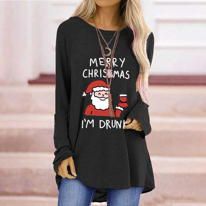 Sevimli Noel Santa Baskı Kadın T-shirt Moda Rahat Gevşek Uzun Kollu İlkbahar Sonbahar Bayan Tops Artı Boyutu S-3XL W769 210526
