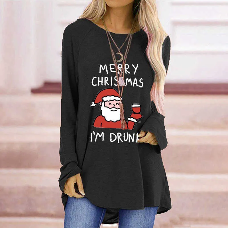 かわいいクリスマスサンタプリント女性Tシャツファッションカジュアル緩い長袖春秋の女性トップスプラスサイズS-3XL W769 210526