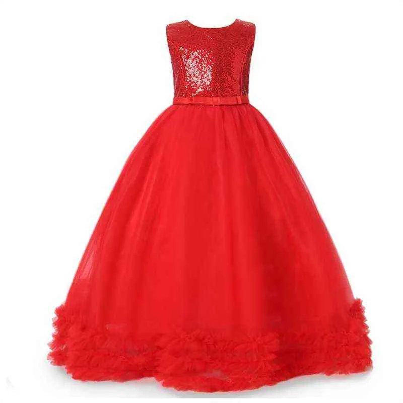 Elegant Girls Princess Dress for Wedding Evening Children Princess Party Pageant Red Long Gown Kids Sequined Bow Formal Clothes G1129