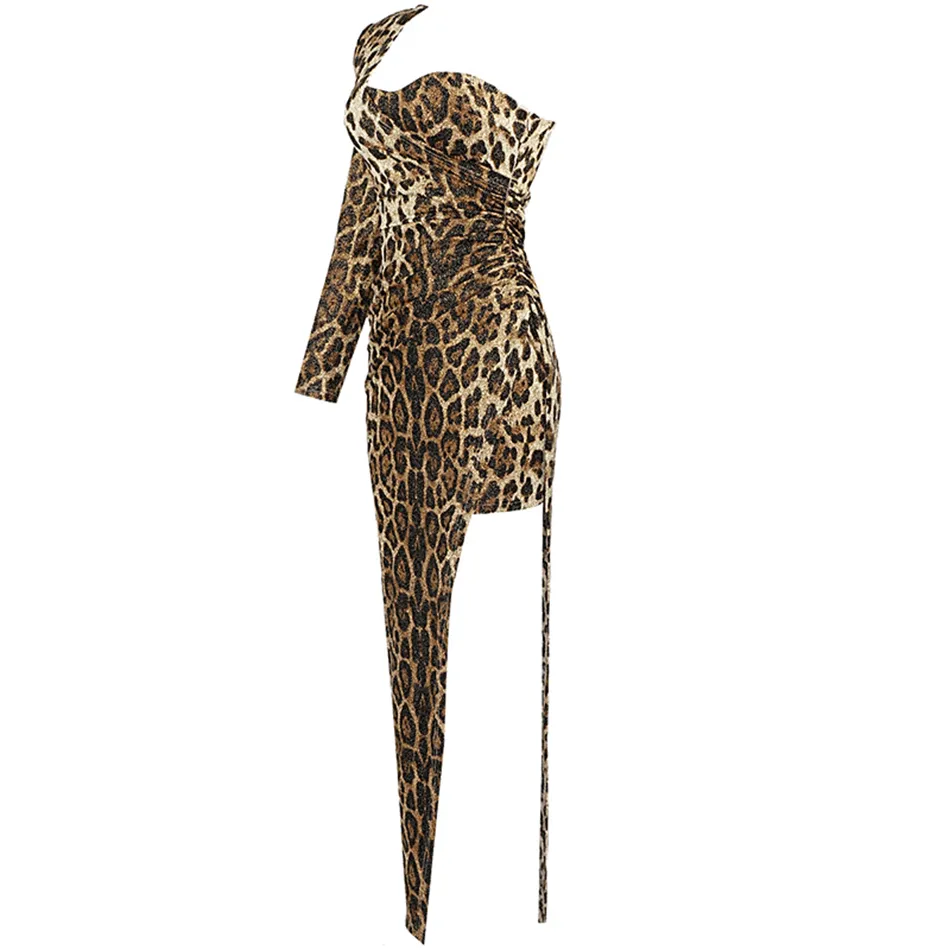 Free Women Sexy Leopard Print Long Dress One Shoulder Sleeve Split Bodycon Club Runway Party 210524