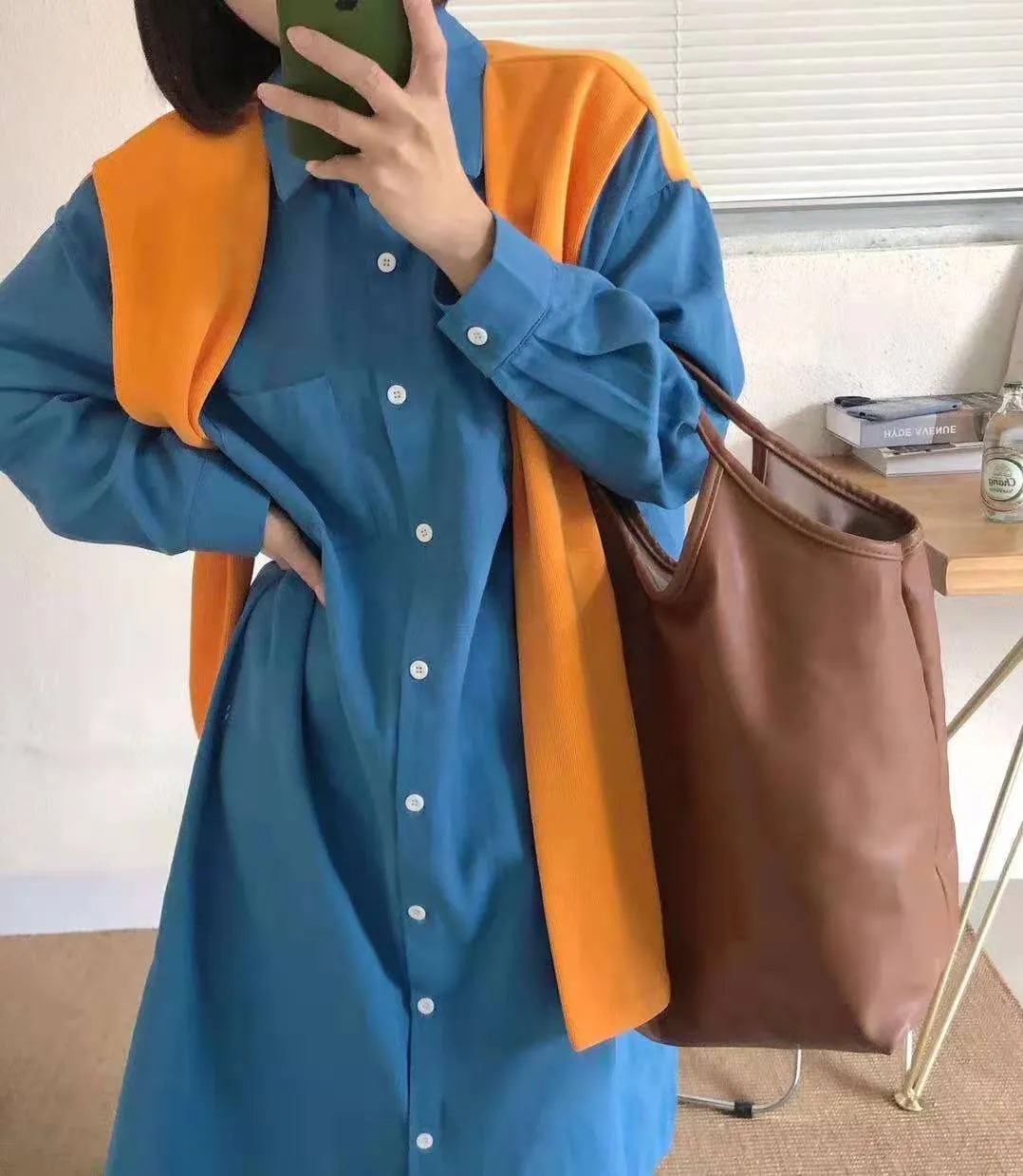 Frühling Herbst Orange Casual Kleid Hemd Koreanische Kleidung Lose Feste Farbe Langarm Schal Spleißen Vintage Maxi 210514