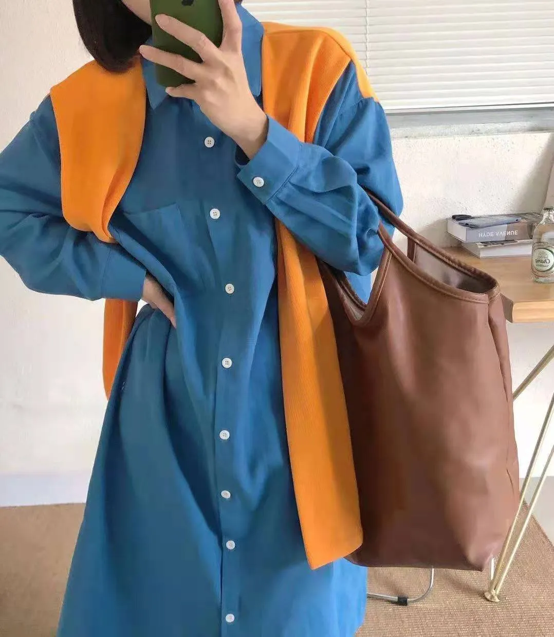 Spring Autumn Orange Casual Dress Shirt Korean Clothing Loose Solid Color Long Sleeve Shawl Splicing Vintage Maxi 210514