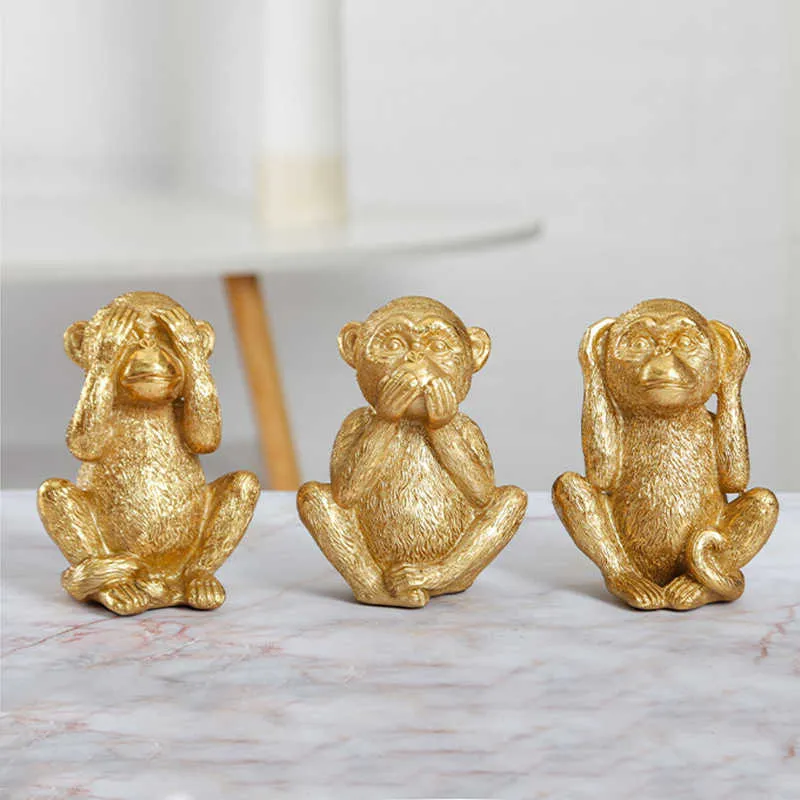 Żywica nie słuchać Zobacz rozmowę złoty małpa miniaturowe figurki home decor sypialnia korytarz ozdobne rzeźby ozdoby 210804
