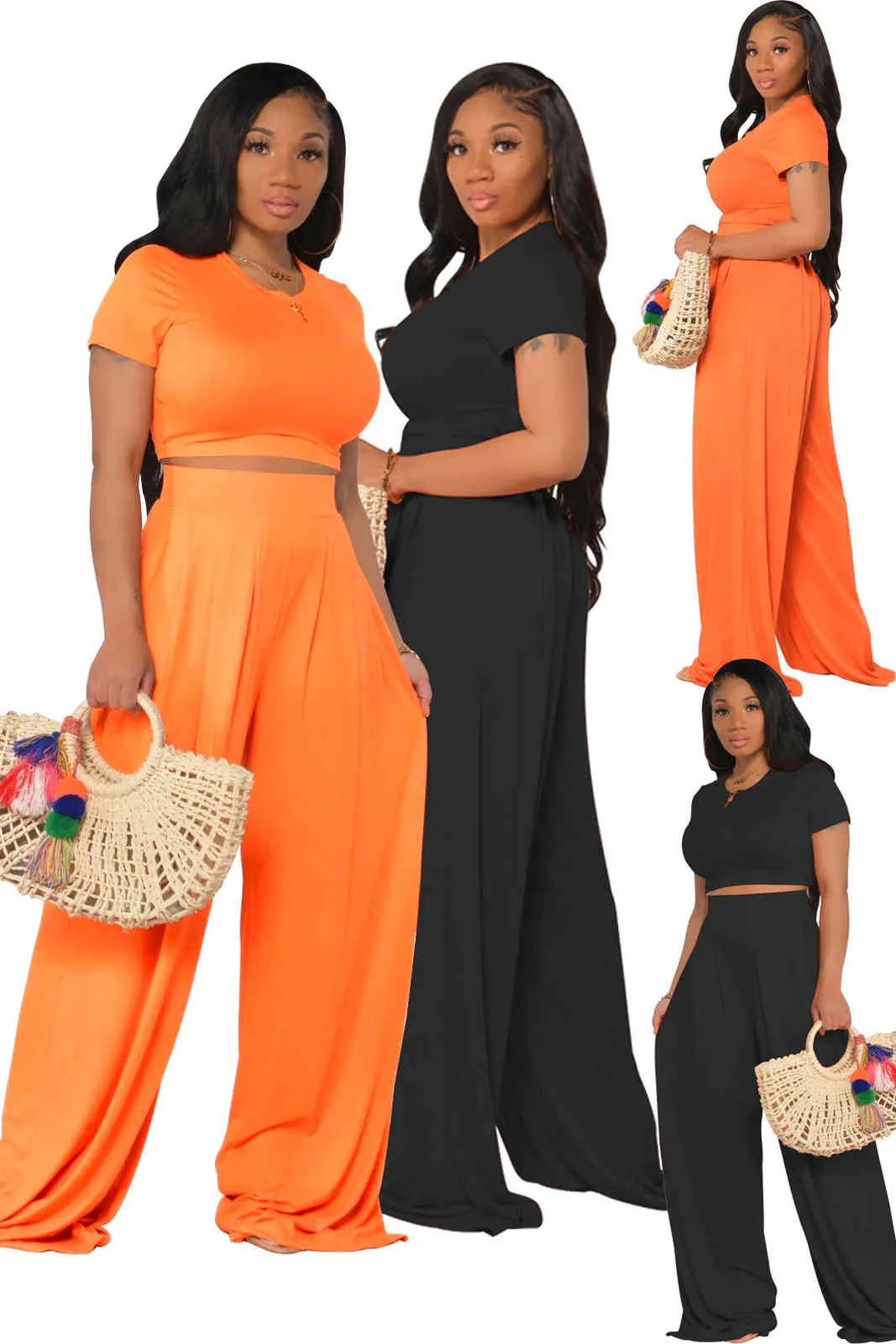 Vintage Office Lady Matching Sets Women Outfits Short Sleeve Crop Top And Wide Leg Pants Fashion Summer Wholesale Cloth 210525