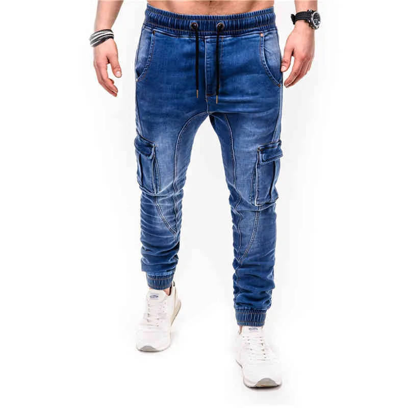 Blue Vintage Człowiek Jeans Business Classic Style Denim Mężczyzna Cargo więcej Kieszenie Frenum Kostki Banded Casual Spodnie S-3XL