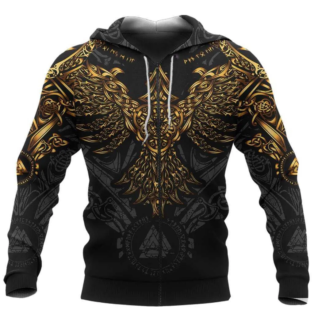 Bonito Viking Huginn Gold Tattoo 3D Impresso Unisex Deluxe Hoodie Moletom Camisola Pulôver Casual Tracksuit Sudadera Hombre Hobre DW0352 210813