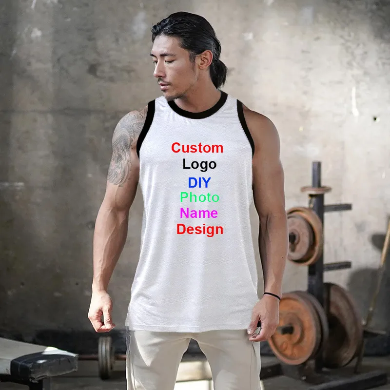DIY Po Ihr eigenes Design angepasst Sommer Herren Mesh Gym Kleidung Bodybuilding Fitness Tank Tops Muskel ärmelloses Hemd 210421