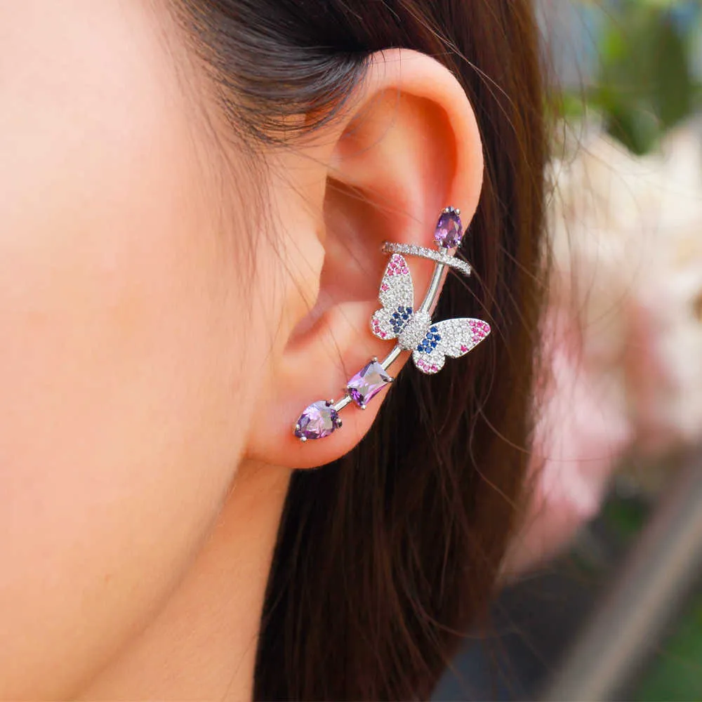 Симметричный фиолетовый кубический цирконий милая бабочка уха манжеты альпинист серьги для женщин мода панк ювелирные изделия CZ874 210714